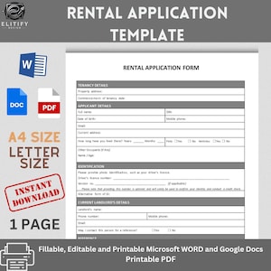 RENTAL APPLICATION TEMPLATE /  Tenant Rental Application, Lease Application / Editable, Fillable and Printable Template / Easy Format