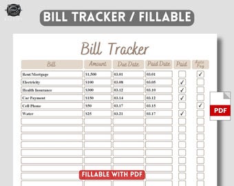 Fillable Monthly Bill Tracker: Printable Payment Checklist (PDF)