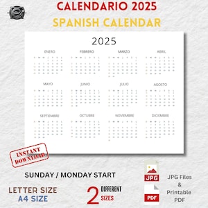 Calendario 2025 en Español, Calendario 2025 en Español, Spanish 2025 Calendar, 1 page calendar, PDF and jpg paper printable calendar