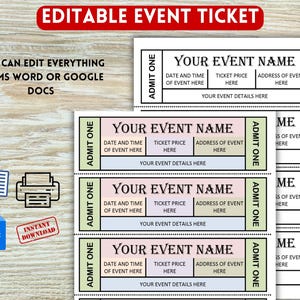 Event-Eintrittskarte. Bearbeitbar mit Google docs und MS Word.  Bearbeitbar und druckbar