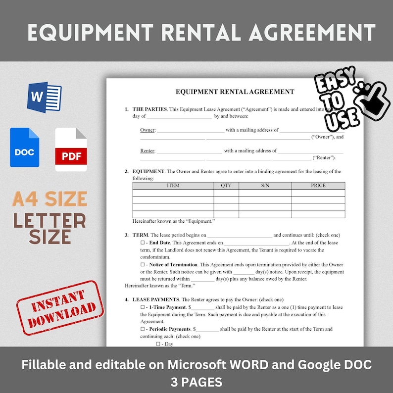 EQUIPMENT RENTAL AGREEMENT / Fillable and Printable / in Pdf, Microsoft ...