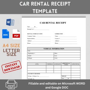 Vehicle Rental Receipt Template Etsy Vehicle Rental Receipt Template Etsy