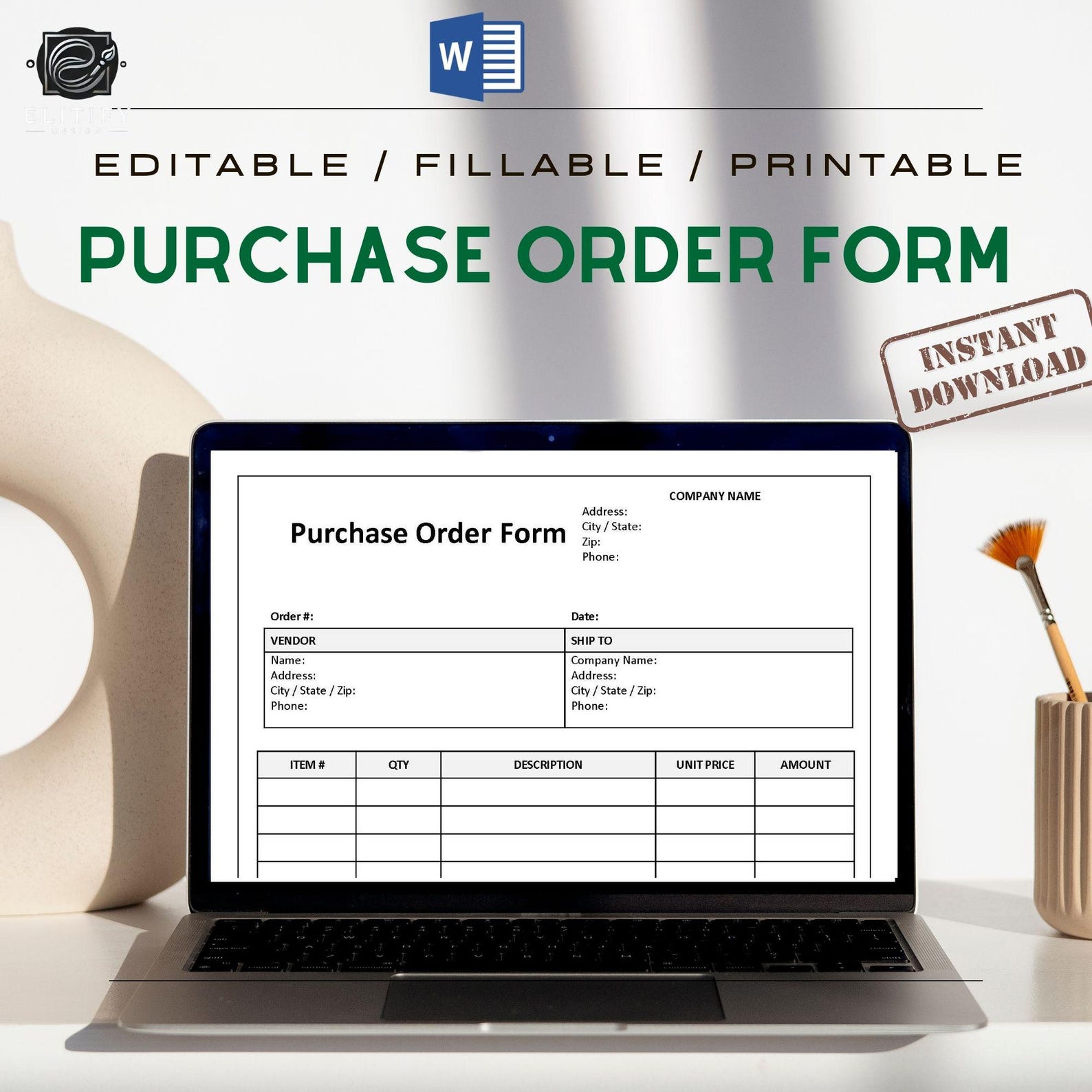 Editable Purchase Order Form Template, Fillable Printable (MS Word) - Etsy