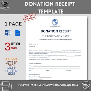 DONATION RECEIPT TEMPLATE / A4, Letter Size, Half Letter Size Receipt Template, Donation Receipt Form, Charity Receipt, Charity Invoice