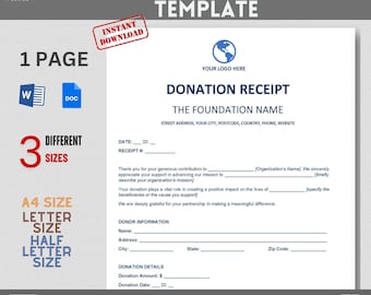 Editable Donation Receipt Template, Charity Form (Digital Download)
