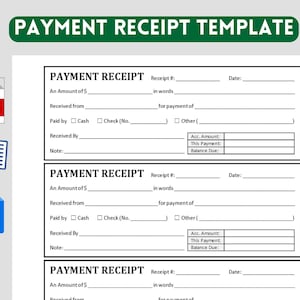 Payment receipt template. Customer Receipt. Printable and Fillable on MS Word. Printable PDF files.