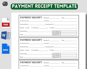 Fillable Payment Receipt Template for MS Word & PDF (Digital Download)
