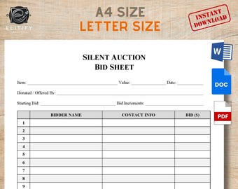 Silent Auction Bid Sheet, Printable, editabke, Fillable PDF, MS Word Formats.