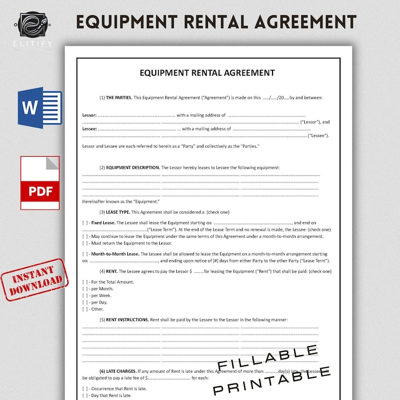 EQUIPMENT RENTAL AGREEMENT Template, Editable Fillable. Simple Lease ...