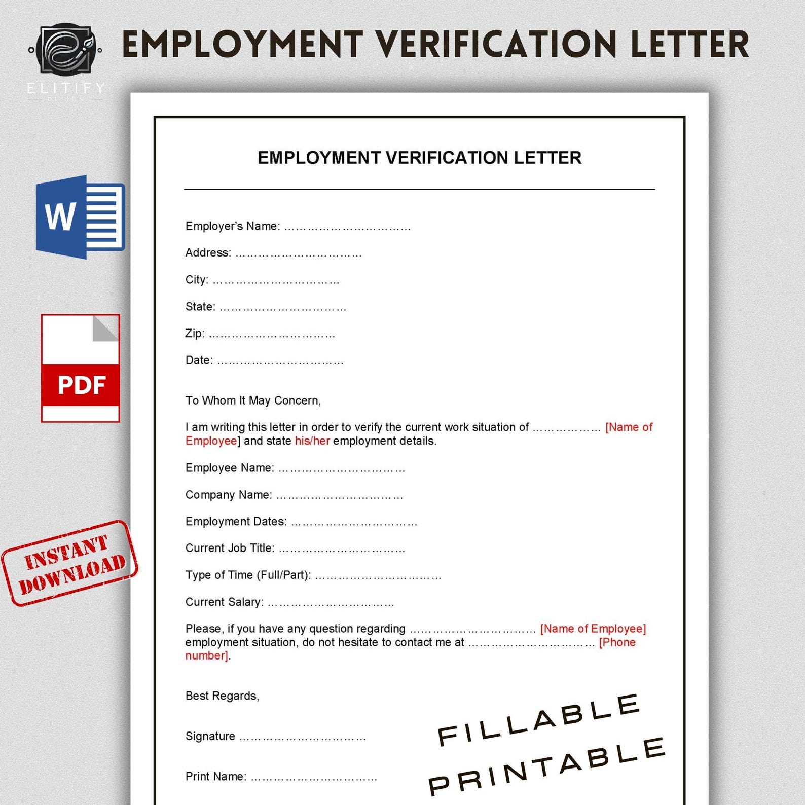 Fillable Employment Verification Letter Template. Employment ...