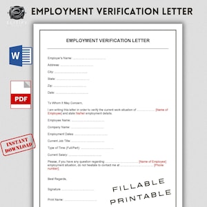 Fillable Employment Verification Letter Template. Employment Verification Letter form. Job Verification Letter. PDF&MS WORD Instant download
