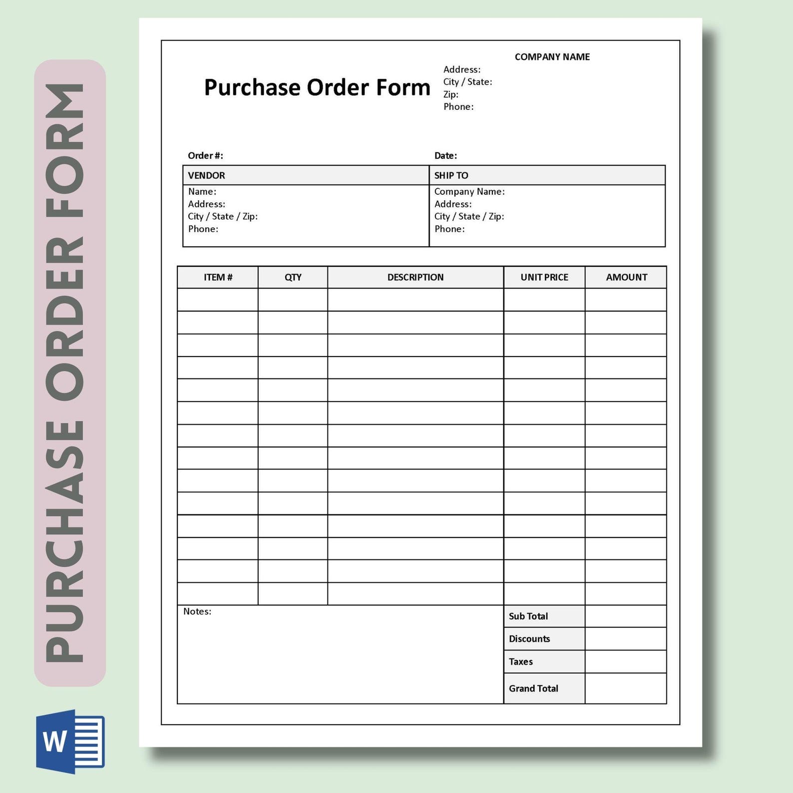 Editable Purchase Order Form Template, Fillable Printable (MS Word) - Etsy