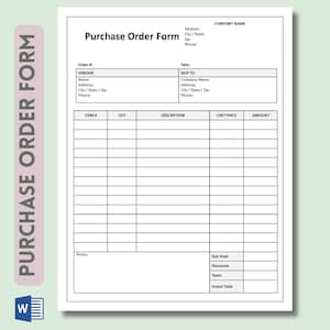 Purchase Order Form Template. Editable, fillable, printable document template. Microsoft Word. Order Form. Order Template.