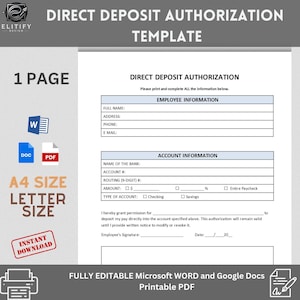 Op de afbeelding: Een zwart-witte, afdrukbare directe stortingsmachtigingssjabloon. De sjabloon bevat velden voor werknemersinformatie, rekeninginformatie en een handtekeningsregel. De tekst "DIRECT DEPOSIT AUTHORIZATION TEMPLATE" staat bovenaan de pagina. De tekst "1 PAGE" staat in de linkerbovenhoek. De tekst "A4 SIZE LETTER SIZE" staat in de linkerbenedenhoek. De tekst "FULLY EDITABLE Microsoft WORD and Google Docs Printable PDF" staat onderaan de pagina.