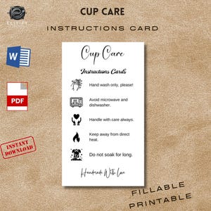 Tarjeta con instrucciones para el cuidado de las tazas, instrucciones de lavado en formato PDF para imprimir. Suministros para pequeñas empresas con tazas. Inserto de embalaje para vasos