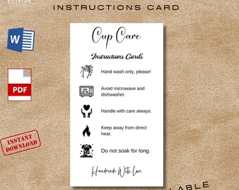 Cup Care Instructions Card: Small Business Supplies (Printable PDF)