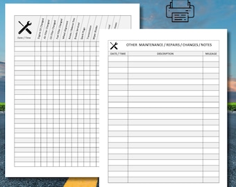 May include: A printable car maintenance log with a checklist of common maintenance items, including engine oil change, air filter change, oil filter change, fuel filter change, wheel alignment, tire rotation, brake service, spark plugs, transmission, wiper blades, and other maintenance items. The log also includes a section for other maintenance, repairs, changes, and notes, with columns for date/time, description, and mileage.