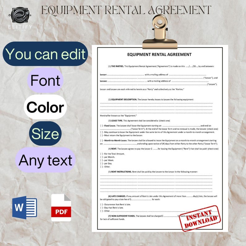 EQUIPMENT RENTAL AGREEMENT Template, Editable Fillable. Simple Lease ...
