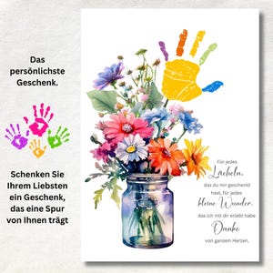 Abschiedsgeschenk für Kindergärtnerin3. Malerei Handarbeit. Abitur Geschenk. Bild Handabdruck Blumenstrauß. zum Ausdrucken, PDF, in Deutsch