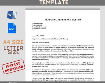 Personal Reference Letter Template, Editable Printable (Digital Download)