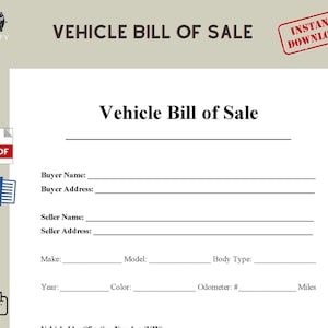 Vehicle Bill Of Sale Printable. To Transfer Vehicle Ownership. Simple Editable, Fillable Template/ Car Sale Agreement. Auto Bill of Sale