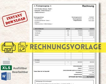 May include: A black and white invoice template with the text "RECHNUNGSVORLAGE" at the top. The template includes fields for company name, address, invoice number, date, due date, description, quantity, unit price, and total. The template also includes a section for terms and conditions.
