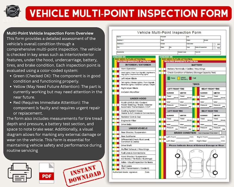 Printable Vehicle Inspection Form Multi-point | Instant Download ...
