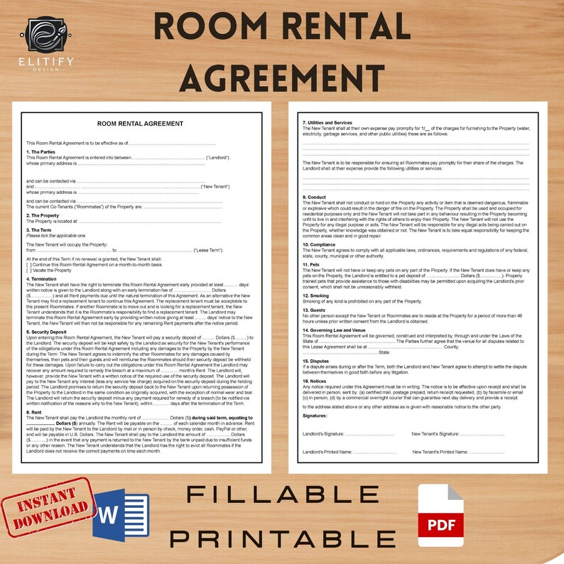 Room Rental Agreement Template, Editable Lease (PDF & Word) - Etsy Canada
