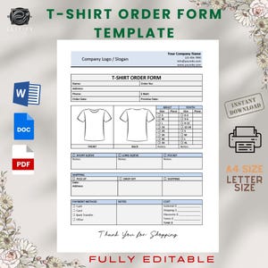 Tshirt order form Template / Editable, Printable Shirt Order Form / Editable Small Business Order Form / Editable Fillable Printable
