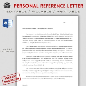 Plantilla de carta de recomendación personal. Plantilla de documento editable, rellenable e imprimible.