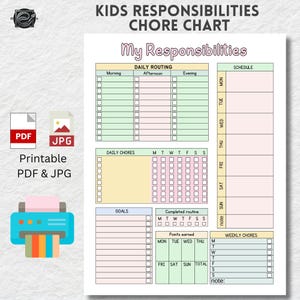 子どもの雑用表。子どもの責任カート。子どもの雑用、子どものやることリスト、PDF および JPG 印刷可能、スケジュール、毎日のルーチン タスク リスト