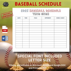 CALENDÁRIO DE BEISEBOL 2025 EDITÁVEL no ms word. Cronograma de jogos e treinos, cronograma de beisebol personalizável, escalação de equipe tamanho carta/para impressão