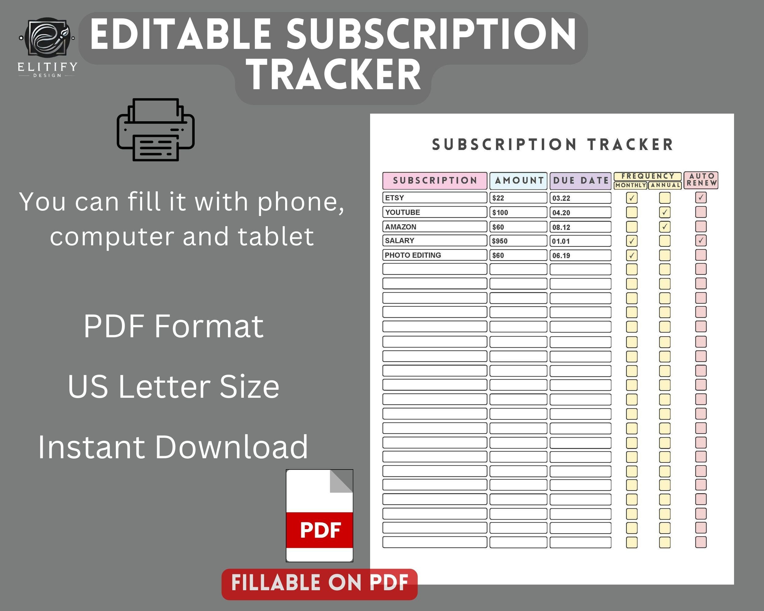 Editable Subscription Tracker | Digital Download | Organize & Manage ...