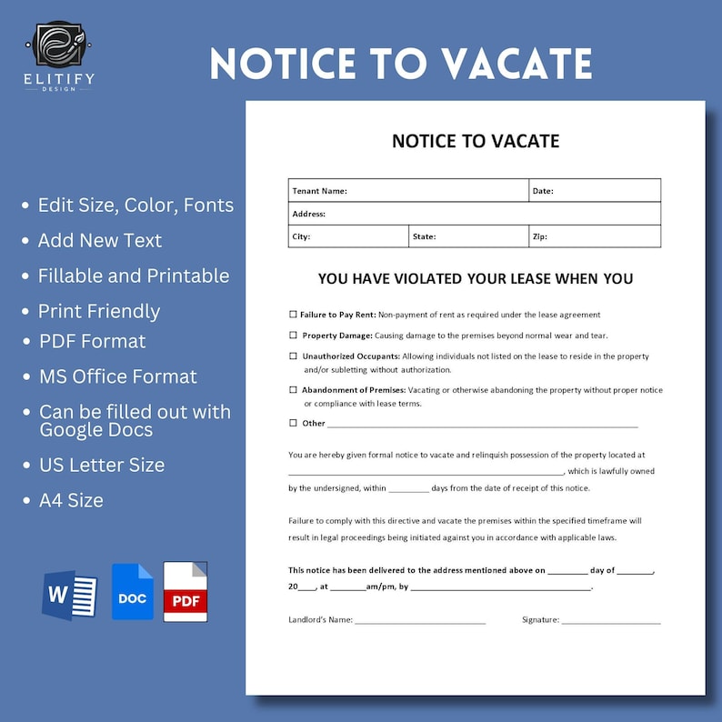 Notice to Vacate Template, Editable Eviction Form (digital Download) - Etsy