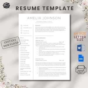 以下が含まれることがあります： グレーの背景と花のデザインが施された履歴書テンプレート。テンプレートには、スキル、職務経歴、要約のセクションが含まれています。ページの左下には、グレーのボックスに「INSTANT DOWNLOAD」というテキストが表示されています。