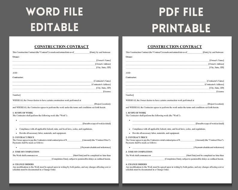 Construction Contract Template, Editable PDF, Google Docs, MS Word - Etsy