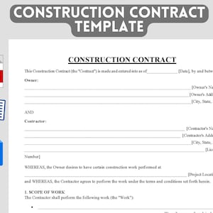 以下が含まれることがあります： 「建設契約書テンプレート」というタイトルの白黒の建設契約書テンプレート。この書類には、日付、所有者、請負業者、プロジェクトの場所、作業範囲の項目が含まれています。