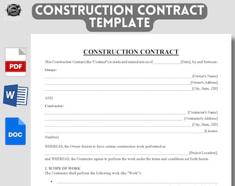 Construction Contract Template, Editable PDF, Google Docs, MS Word