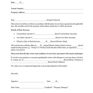 Plantilla de AVISO DE AUMENTO DE ALQUILER / Rellenable e imprimible / En PDF, Microsoft Word y Google Doc