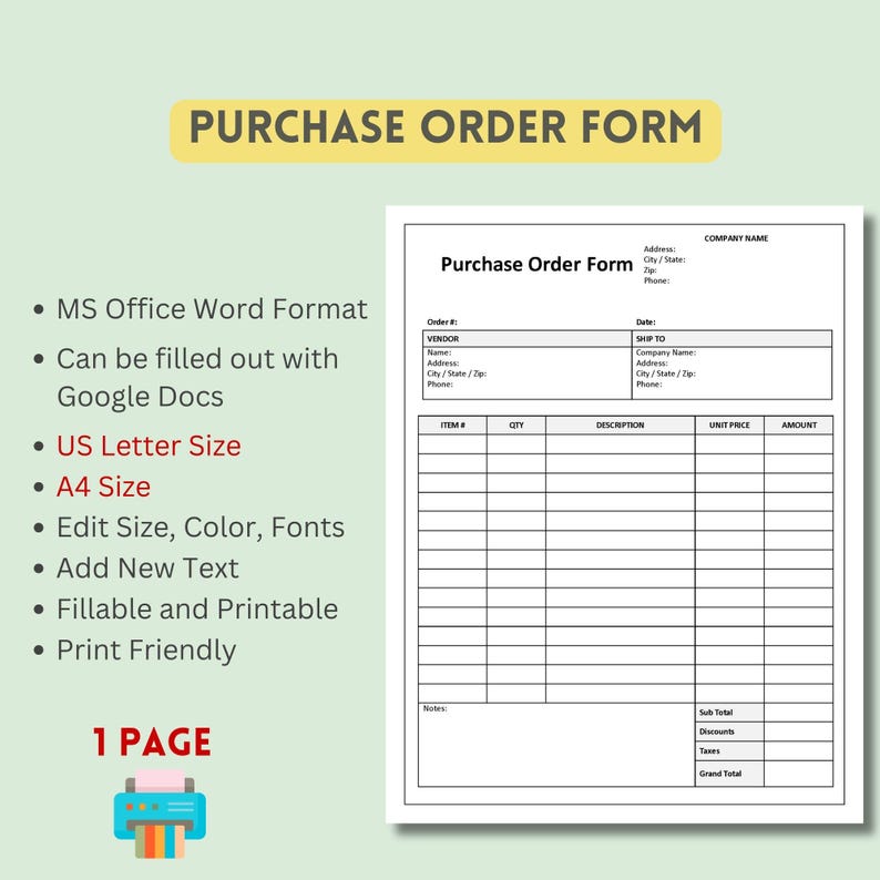 Editable Purchase Order Form Template, Fillable Printable (MS Word) - Etsy