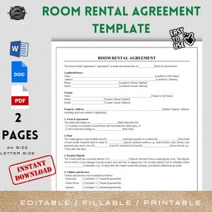 ROOM RENTAL AGREEMENT Template. 2 Pages Editable Room Tenancy Agreement. Roommate Rental Agreement Contract. Printable Tenant Room agreement
