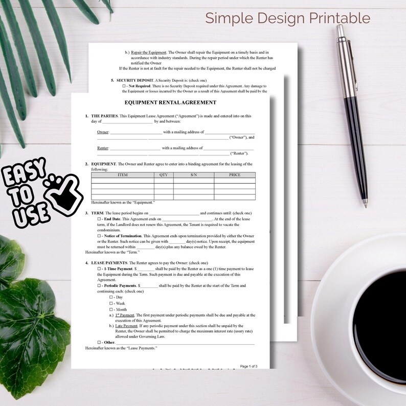 Printable Machine Rental EQUIPMENT RENTAL AGREEMENT / Fillable and Printable / in Pdf, Microsoft ...