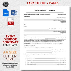 Event Vendor Contract Template. Printable pdf and Ms Word Files. Easy to fill 2 pages contract. Printable and editable template