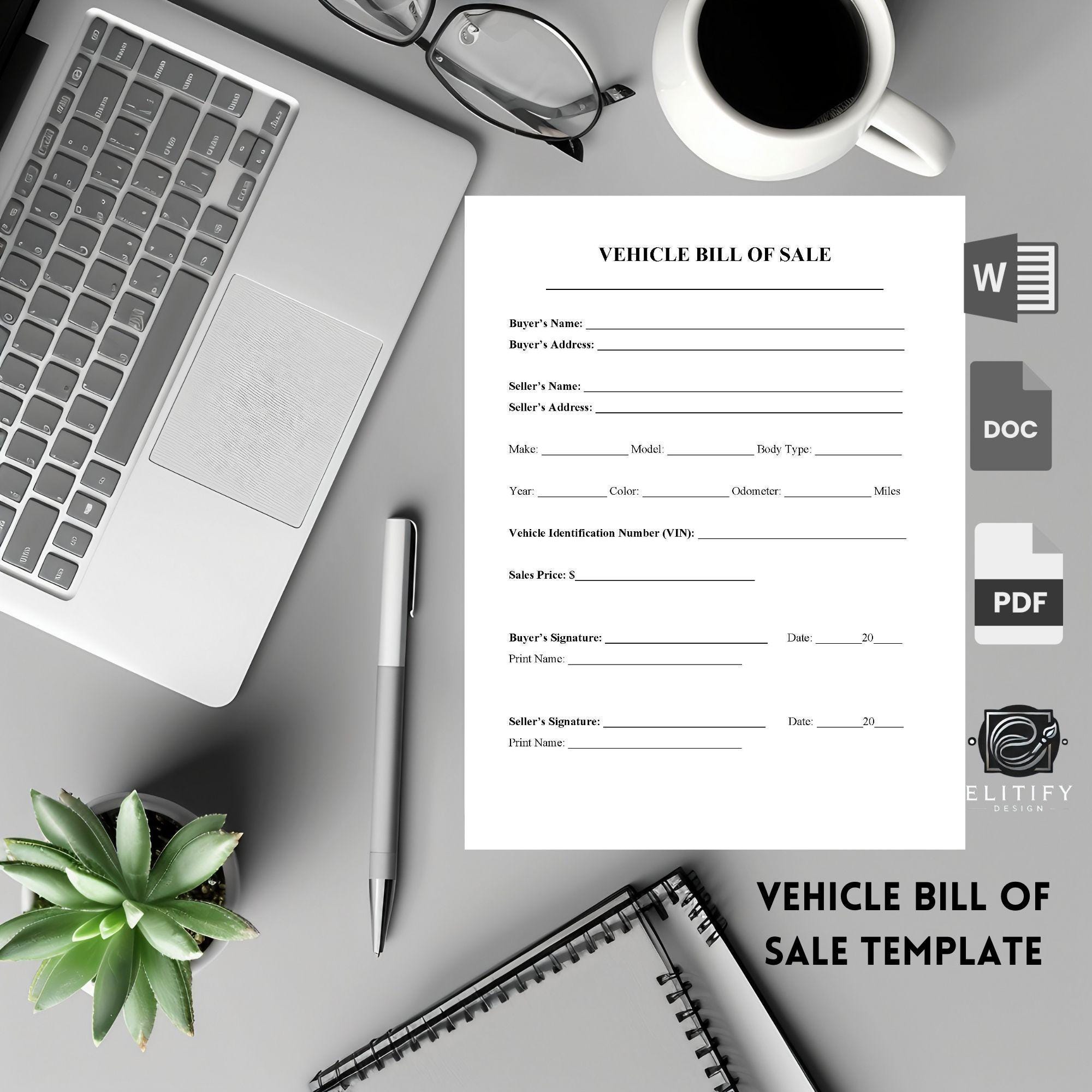 Vehicle Bill of Sale Template, Editable & Printable (PDF, Word) - Etsy