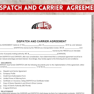 Könnte beinhalten: Eine rechtliche Dokumentvorlage für eine Dispatch- und Carrier-Vereinbarung. Das Dokument legt die Bedingungen für eine vertragliche Vereinbarung zwischen einem Dispatch-Broker und einem Carrier fest. Das Dokument enthält Abschnitte für Dokumente, Beziehung und Unterschriften.