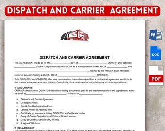 Dispatcher and Carrier Agreement Editable and Fillable files.