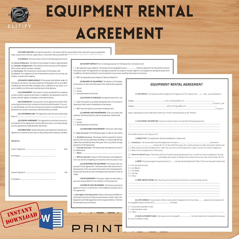EQUIPMENT RENTAL AGREEMENT Template, Editable Fillable. Simple Lease ...