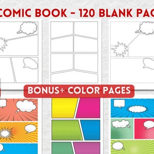 Puede incluir: Una plantilla de cómic con 120 páginas en blanco y páginas de color adicionales. La plantilla presenta un diseño de cómic estándar con globos de diálogo y líneas de acción. Las páginas de color incluyen una variedad de fondos y patrones.