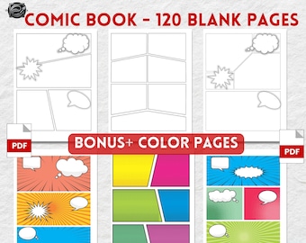 Plantilla de cómic en blanco, 120 páginas + páginas a color (PDF imprimible)