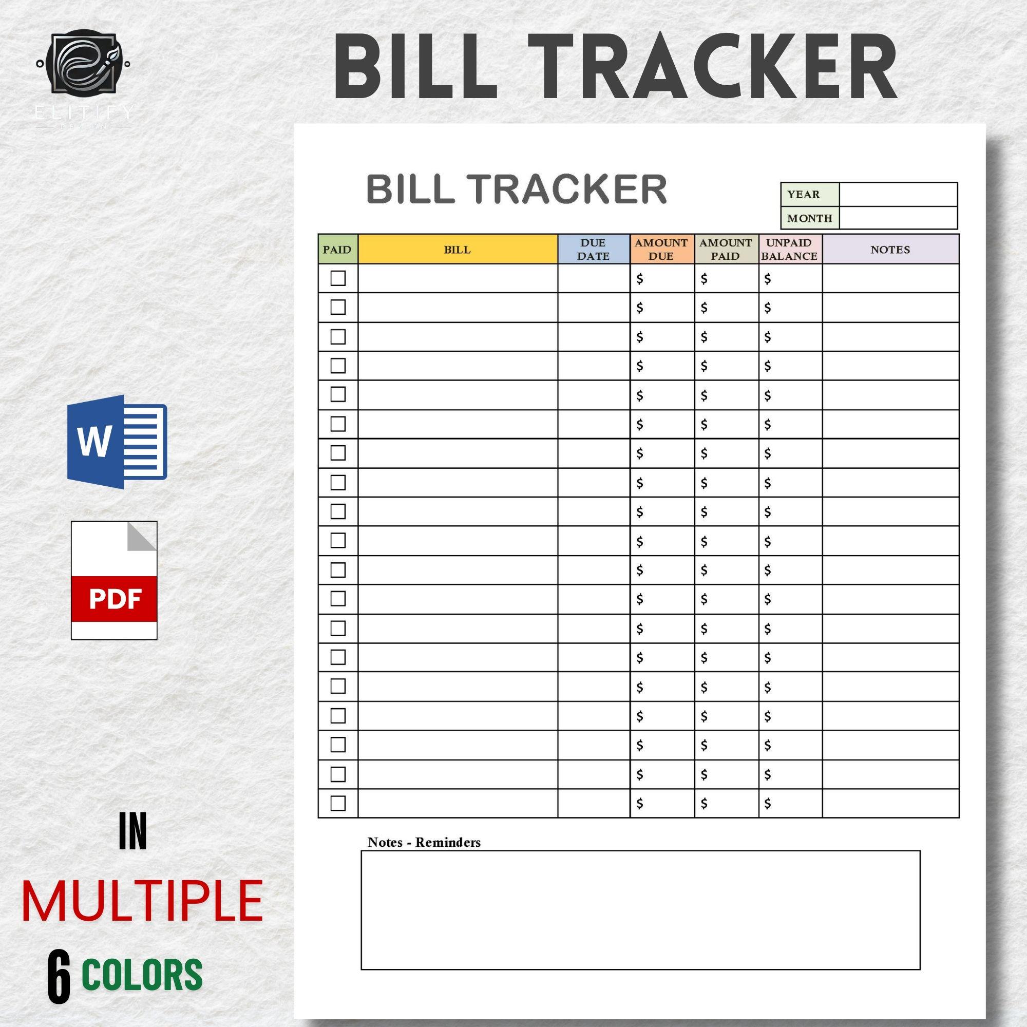 Monthly Bill Tracker Printable and Fillable on MS Word. 6 colors. Bill Payment Checklist Tracker. Bill Pay Organizer. Bill Payment Tracker.